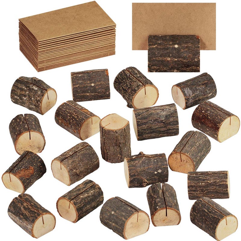 Supla 20 Pcs Rustic Wood Place Card Holders Wooden Table Numbers Holder Stand Wooden Bark Memo Holder Card Photo Picture Note Clip Holders and Kraft Place Cards Bulk Wedding Party Table Number Sign - Image 1